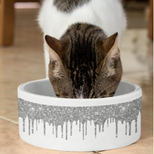 Tigela Brilho Prateado Glam Gotejamento Chic Cachorro Pet