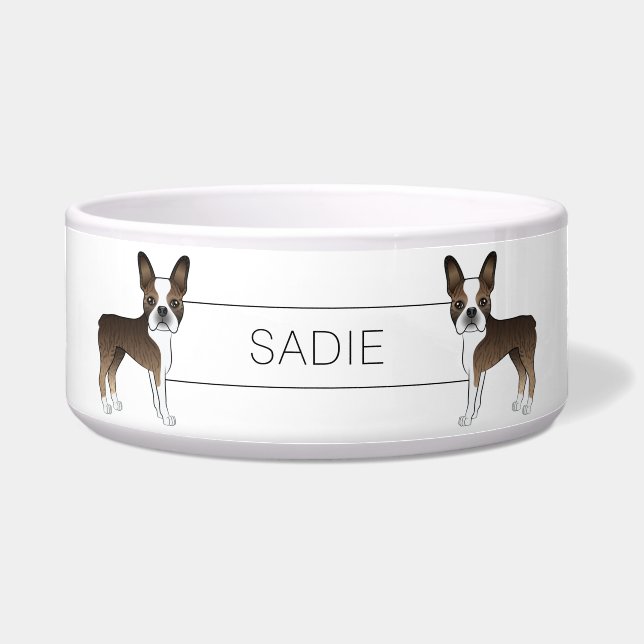 Tigela Brindle Boston Terrier Cartoon Dog e Texto Persona (Frente)