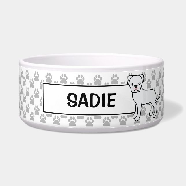 Tigela Bulldog Americano Branco Com Nome do Pet (Frente)
