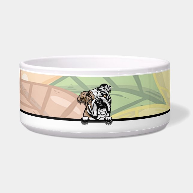 Tigela Bulldog Inglês Fofo Espiando, comida ou bebida (Frente)