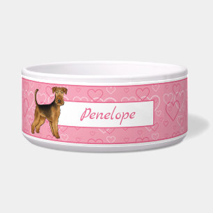 Tigela Cachorro Airedale Terrier Com Corações Rosa e Nome