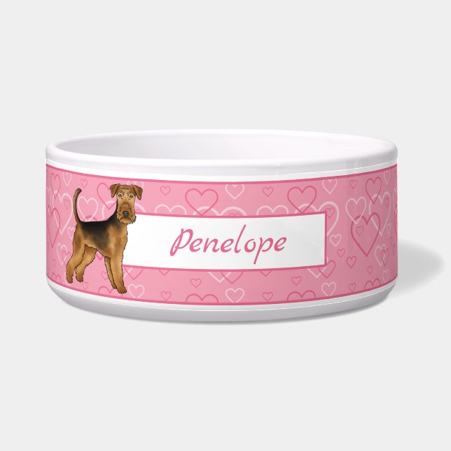 Tigela Cachorro Airedale Terrier Com Corações Rosa e Nome (Frente)