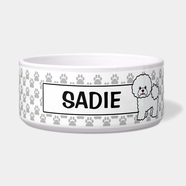 Tigela Cachorro Bichon Frise Fofo Com Nome Personalizado (Frente)
