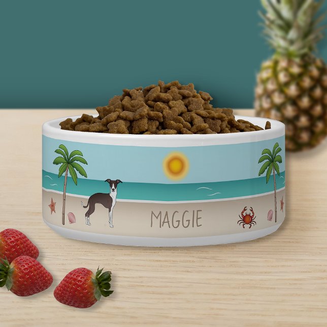 Tigela Cachorro Branca E Selo Na Praia Tropical De Verão (Criador carregado)