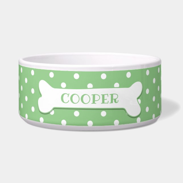 Tigela Cachorro Branco Verde Bolinhas Cachorro Osso Cacho (Frente)