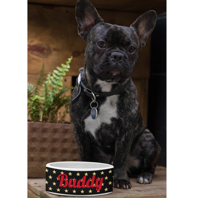 Tigela Cachorro Cachorro Gatinho Pet Nome Preto Dourado E (Dog Puppy Cat Kitty Pet Name Black Gold Stars Food Bowl)