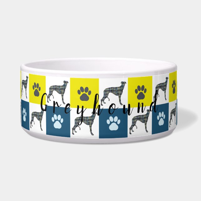 Tigela Cachorro Cinzento e Pata Amarelo e Azul (Frente)