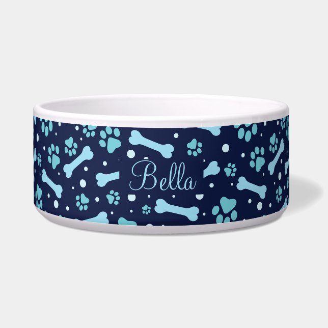 Tigela Cachorro com Pegadas de Pata Azuis Personalizadas (Frente)