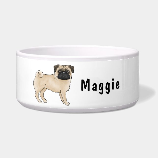 Tigela Cachorro De Cartoon Cute De Pug Fawn Com Nome Pers (Frente)