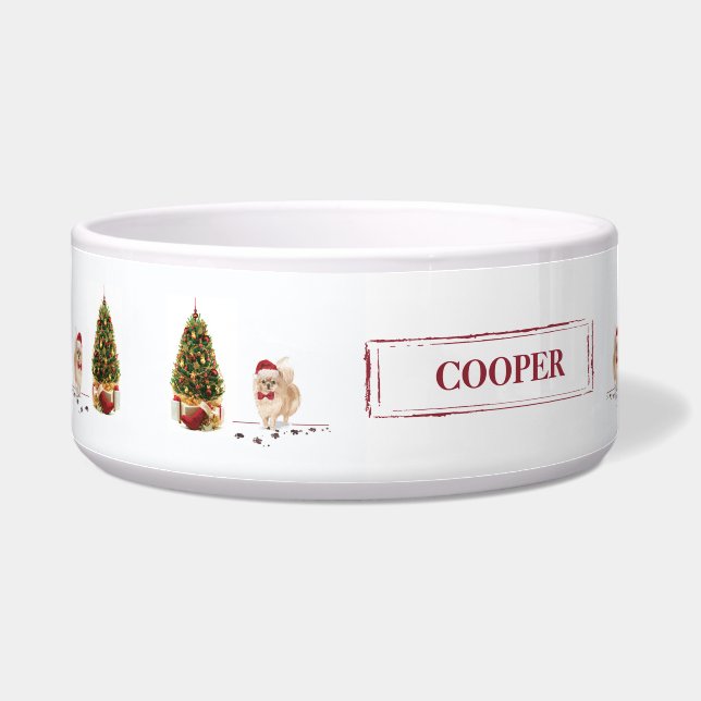 Tigela Cachorro de Natal Engraçado Pomeraniano com Árvore (Esquerda)