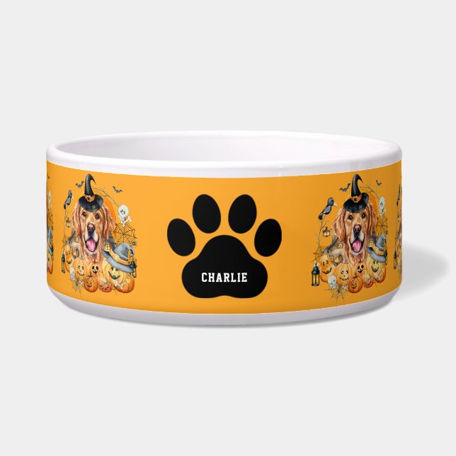 Tigela Cachorro do Dia das Bruxas de Ouro Bonito da Época (Frente)
