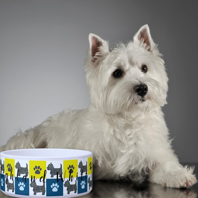 Tigela Cachorro e pata Amarelo e Azul (West Highland White Terrier Westie dog bowl)