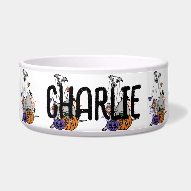 Tigela Cachorro Fantasma de Whippet Halloween (Frente)