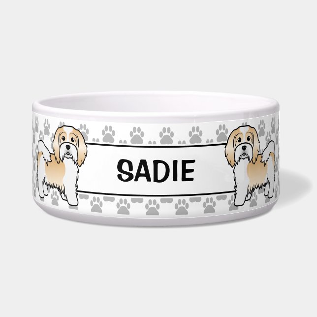 Tigela Cachorro Havanese Bege e Branco com Patas e Nome (Frente)