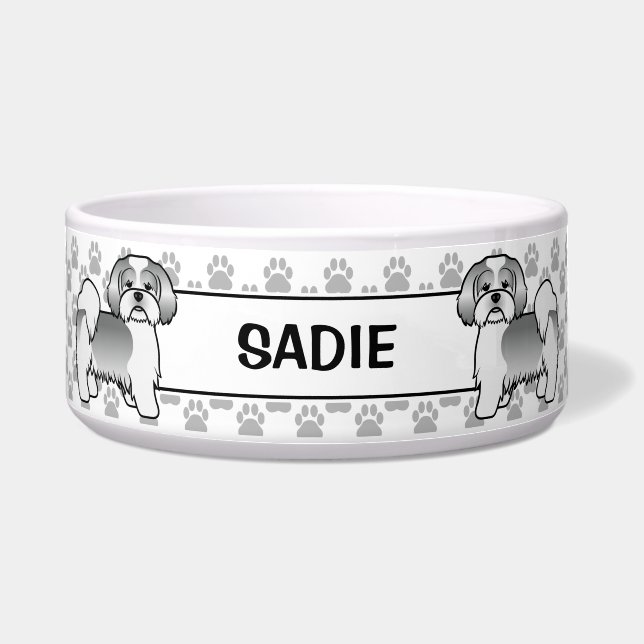 Tigela Cachorro Lhasa Apso Prata e Branco Com Patas & Nom (Frente)