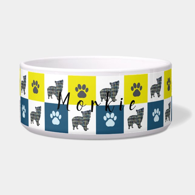 Tigela Cachorro Morkie & Paw Yellow & Blue Grid Dog Bowl (Frente)