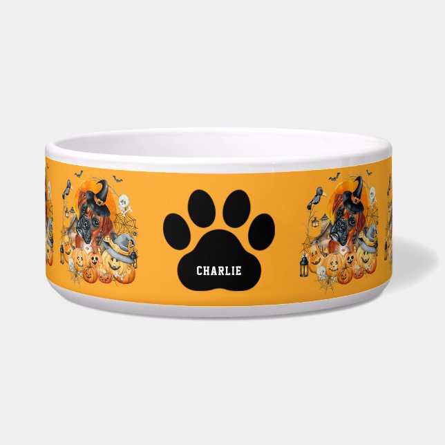 Tigela Cachorro Personalizado do Boxer Halloween Pumpkin  (Frente)