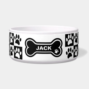 Tigela Cachorro Preto e Branco Personalizado com Pegadas