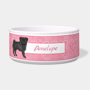 Tigela Cachorro Pug Preto Desenho Mops Em Corações Rosa C