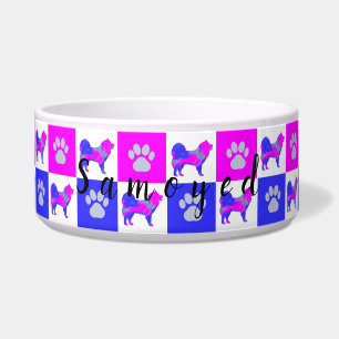 Tigela Cachorro Samoyed e Pata Quente Rosa e Azul Pet Bow