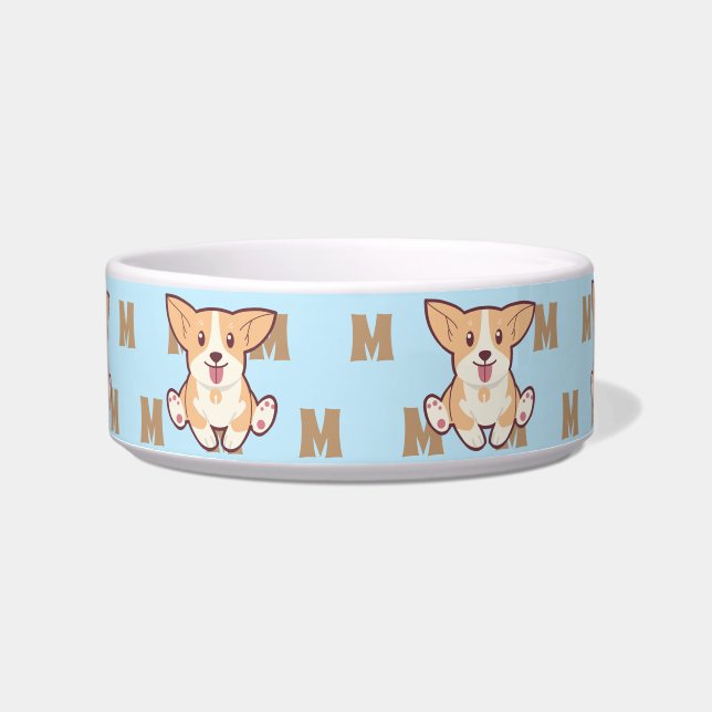 Tigela Caneca azul com padrão de monograma de Corgi (Frente)