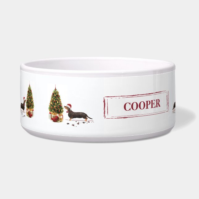 Tigela Cão de Natal Negro e Tan Dachshund Engraçado (Esquerda)