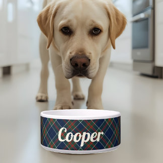 Tigela Cão de Nome Personalizado da Xadrez de Tartan Azul