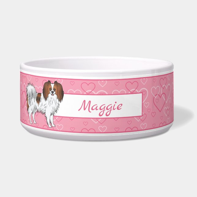 Tigela Cão Phalène de Sable Vermelho em Corações Rosa Com (Frente)