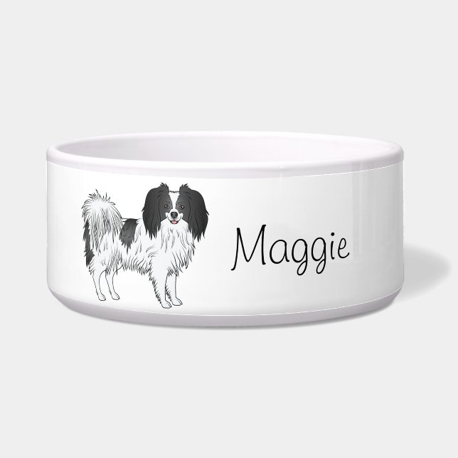 Tigela Cão Phalène Negro E Branco Com Nome Personalizado (Frente)