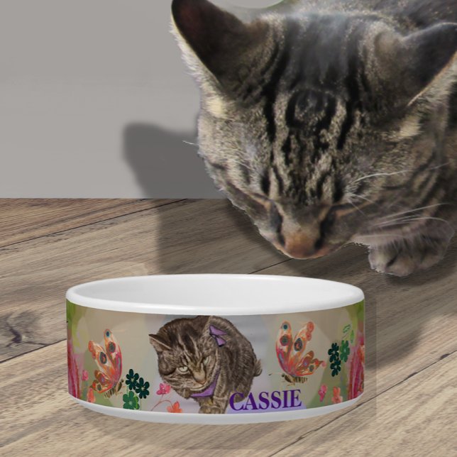 Tigela Cat Bowl Personalizado com borboletas (Personalized Cat Bowl with butterflies)