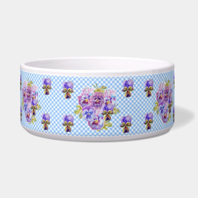 Tigela Cat Dog Shabby Floral Blue Gingham Cut Pet Name (Frente)