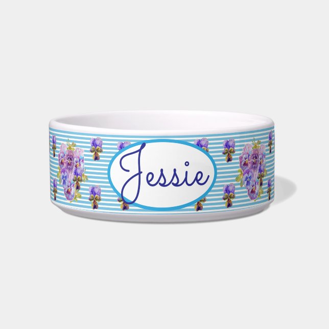 Tigela Cat Dog Shabby Floral Pansy Blue Pet Name Bowl (Frente)