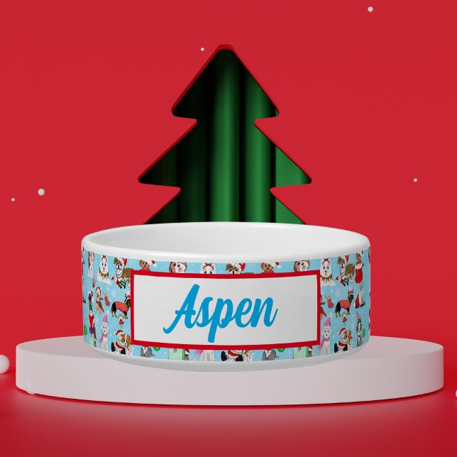 Tigela Celebração Cães de Natal Nome do Pet (Fun whimsical Christmas pattern that is fun to add to your Christmas decorations! )