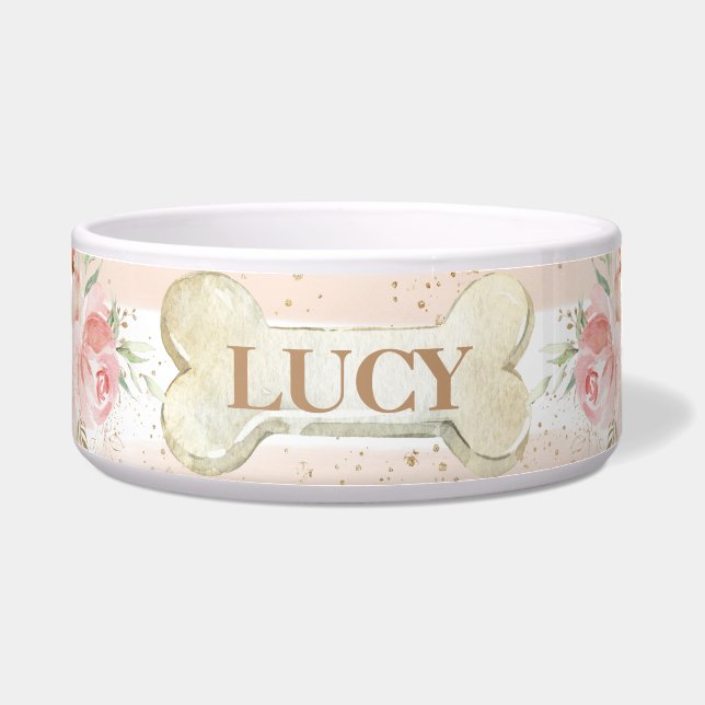 Tigela Chic Blush Rosas Florais Rosa Rosa Cão Pet (Frente)