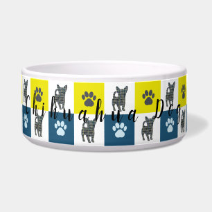 Tigela Chihuahua Cachorro e Pata Amarelo e Azul