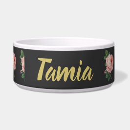 Tigela Cinza de nome personalizado de flor rosa