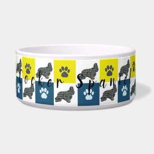 Tigela Cocker Spaniel Dog & Paw Yellow & Blue Grid Bowl