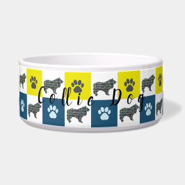Tigela Collie Dog & Paw Yellow & Blue Grid Dog Bowl