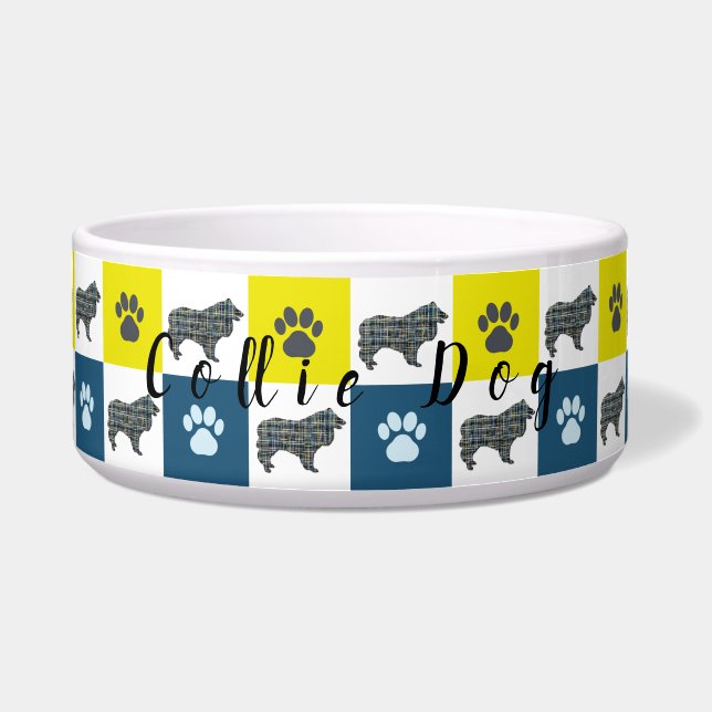 Tigela Collie Dog & Paw Yellow & Blue Grid Dog Bowl (Frente)