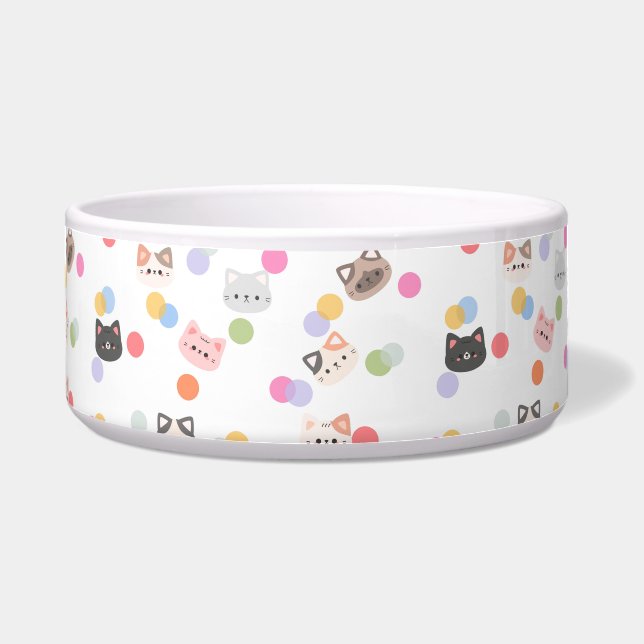 Tigela Colorful Cartoon Cat Faces with Whimsical Dots (Frente)