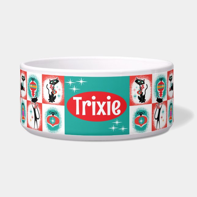 Tigela Comida de Gatos de Natal Retroativos Personalizáve (Frente)