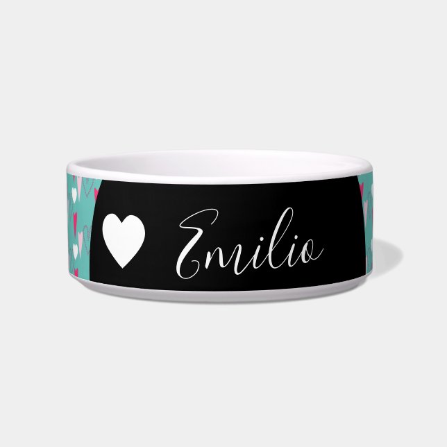 Tigela Coração de Namorados Amor Teal Script Nome Pet  (Frente)