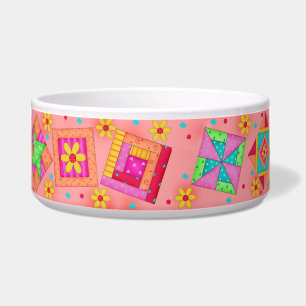 Tigela Coral Orange Quilt Block Cat Comida Bowl