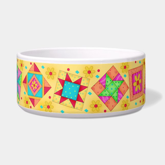 Tigela Coral Yellow Quilt Block Dog Comida Bowl (Direita)