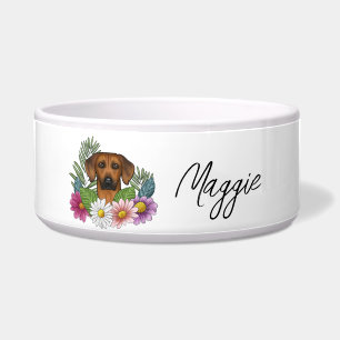 Tigela Cores de Rhodesian Ridgeback e Nome entre Flores S