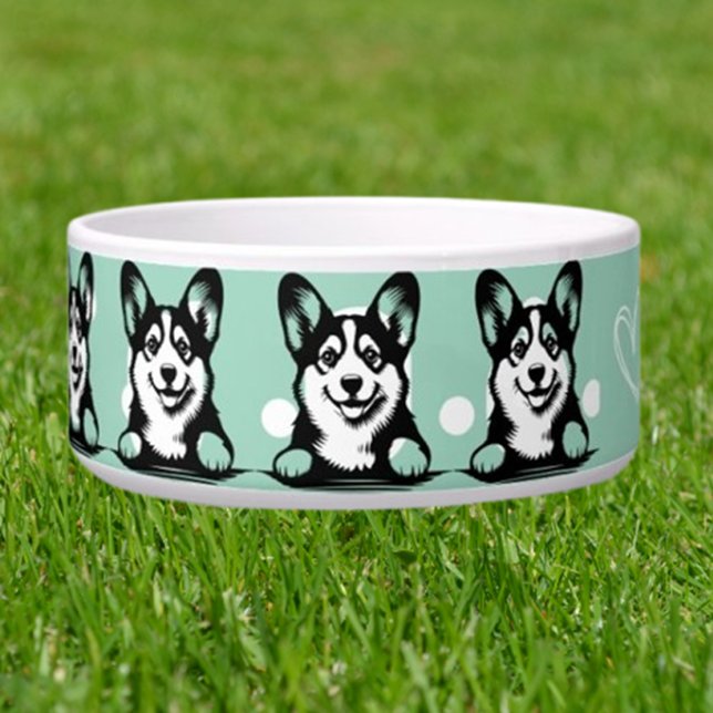 Tigela Corgi Curioso Personalizar tema Verde (Cute Personalized Dog Water Bowl)