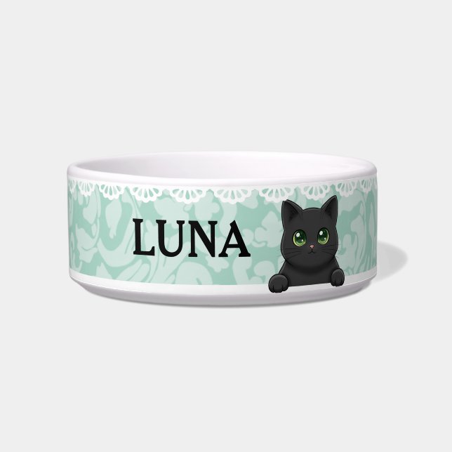 Tigela Cute Black Cat Mint Custom Name (Frente)