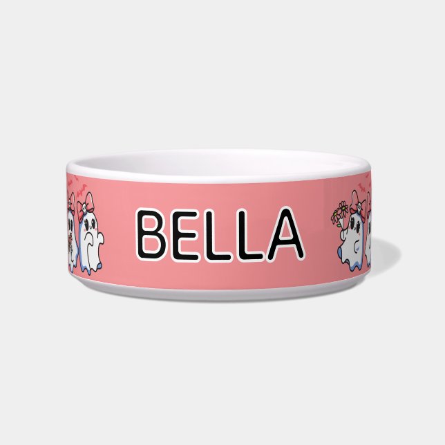 Tigela Cute Girly Ghosts with Bows Halloween Cat Feeding (Frente)