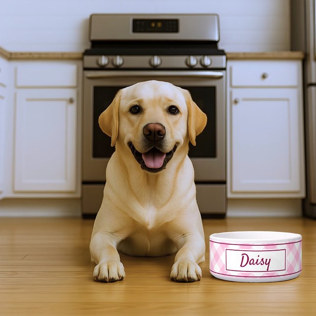 Tigela Cute Pink White Gingham Checkered Pattern Name (Criador carregado)