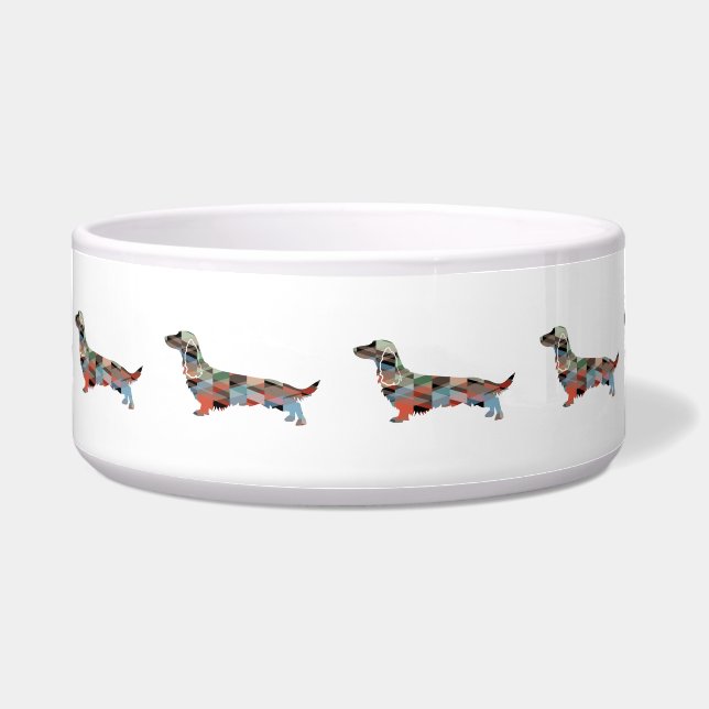 Tigela Dachshund Casaco Áspero Silhueta Geográfica Xadrez (Frente)